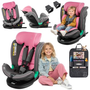 FOTELIK SAMOCHODOWY OBROTOWY LEONARDO 360° RÓŻOWO-SZARY 40-150 CM i-Size R129 + ISOFIX